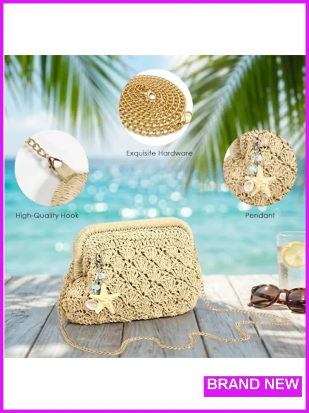 Woven Straw Clutch Purse with Shell Pendant Detachable Chain Crossbody Shoulder